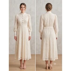 Women's Vintage-Inspired Cream Lace Midi Dress High Neck Long Sleeve Elegant S